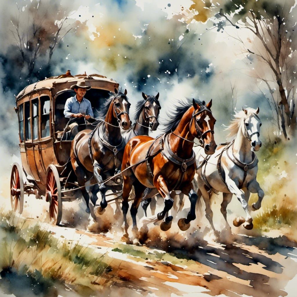 Wild West Stagecoach in Antique Watercolor Style