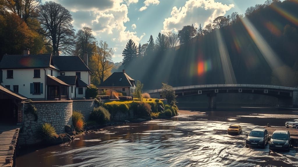 Rainbow Prism Wall Over Serene Riverside Town