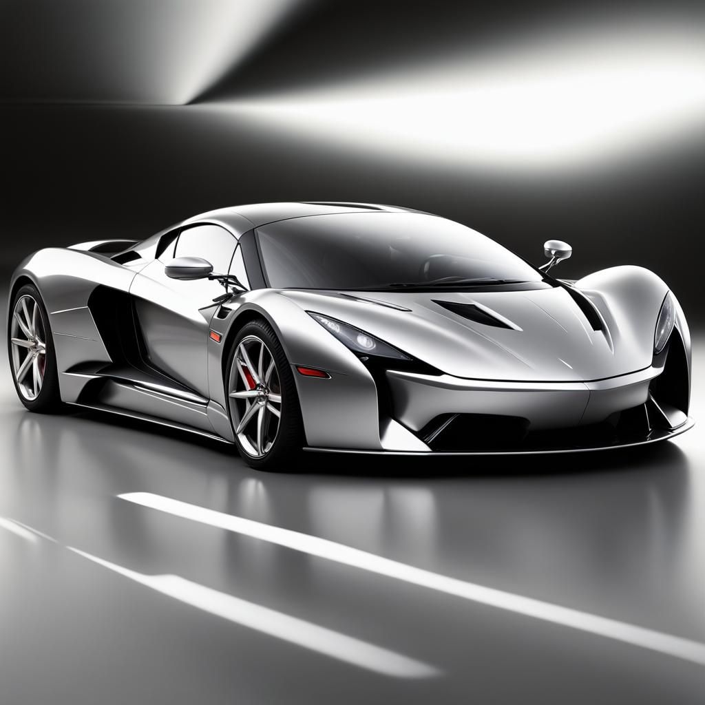 Luxury sports car with aerodynamic curves, shot in a high contrast, high key lighting with shallow depth of field, exoti...