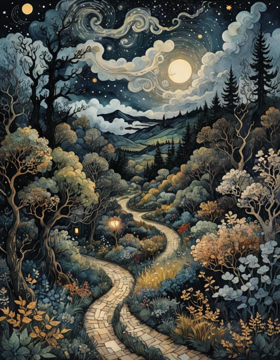 Fantasy Path to the Stars: Ink and Watercolor Illustration