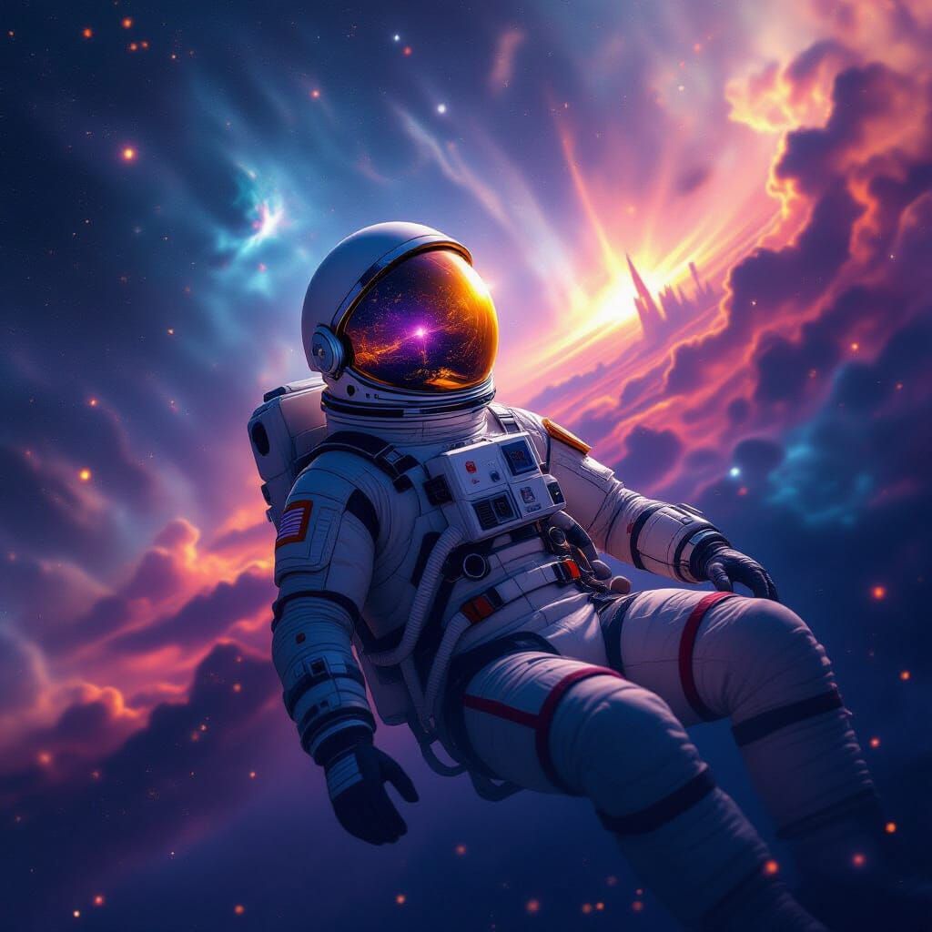 Astronaut Adrift in Nebula Reflecting Alien Cityscape