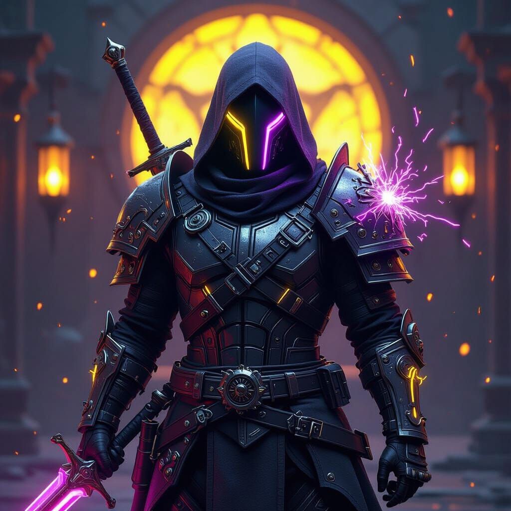 Cyberpunk Warcraft Armor with Neon Lights and Electro Sparks