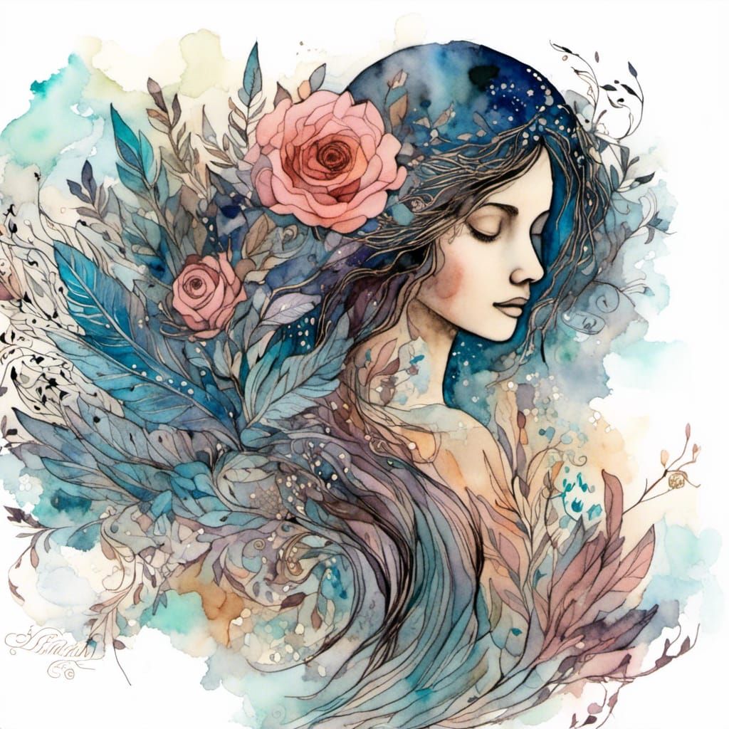 Woman and Paradise in Liquid Ink Watercolor Style