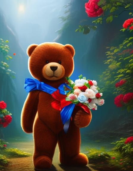 Smiling Teddy Bear with Rose Bouquet: Matte Painting