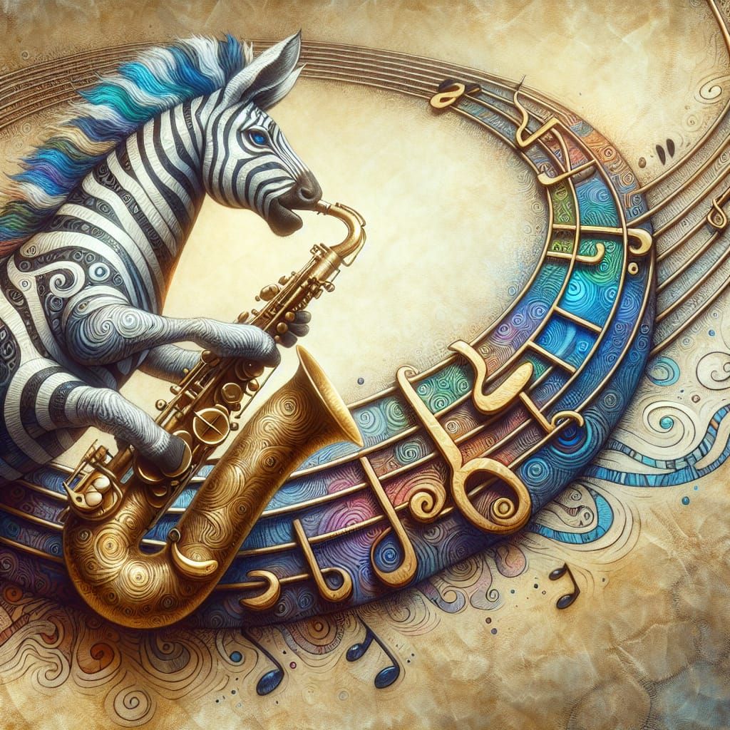 Surrealistic jazz scene. Close-up shot. A zebra with iridesc...
