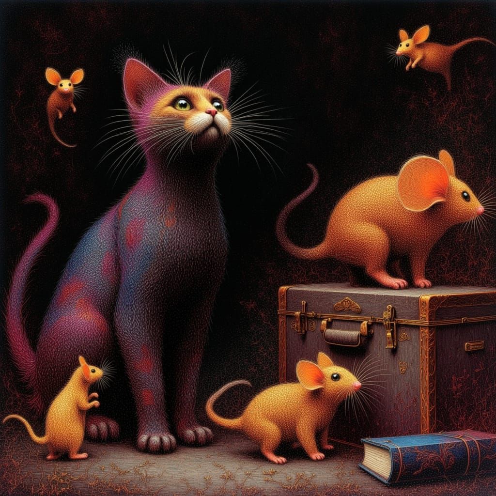 Witch Cat with Plushy Mice in Theatre Backstage