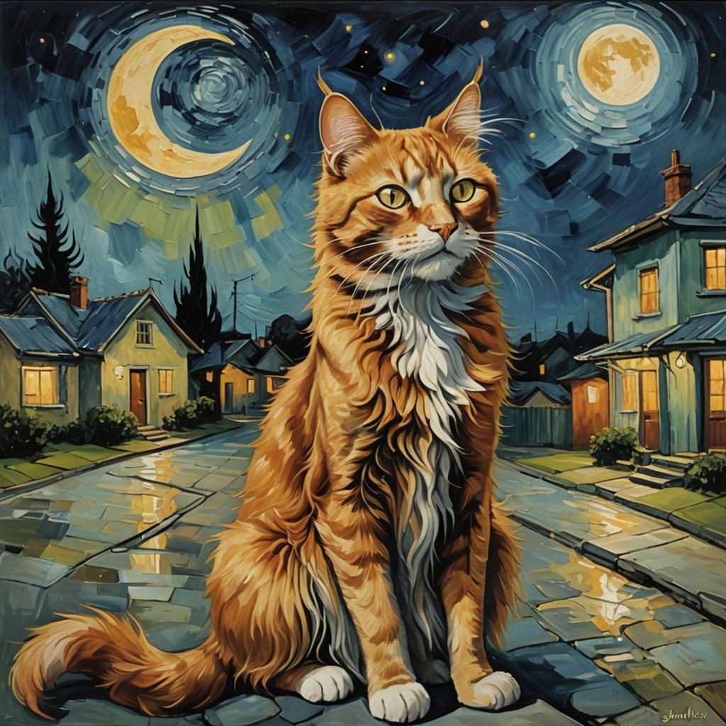 Ginger Cat Serenade: Van Gogh Style Surrealism
