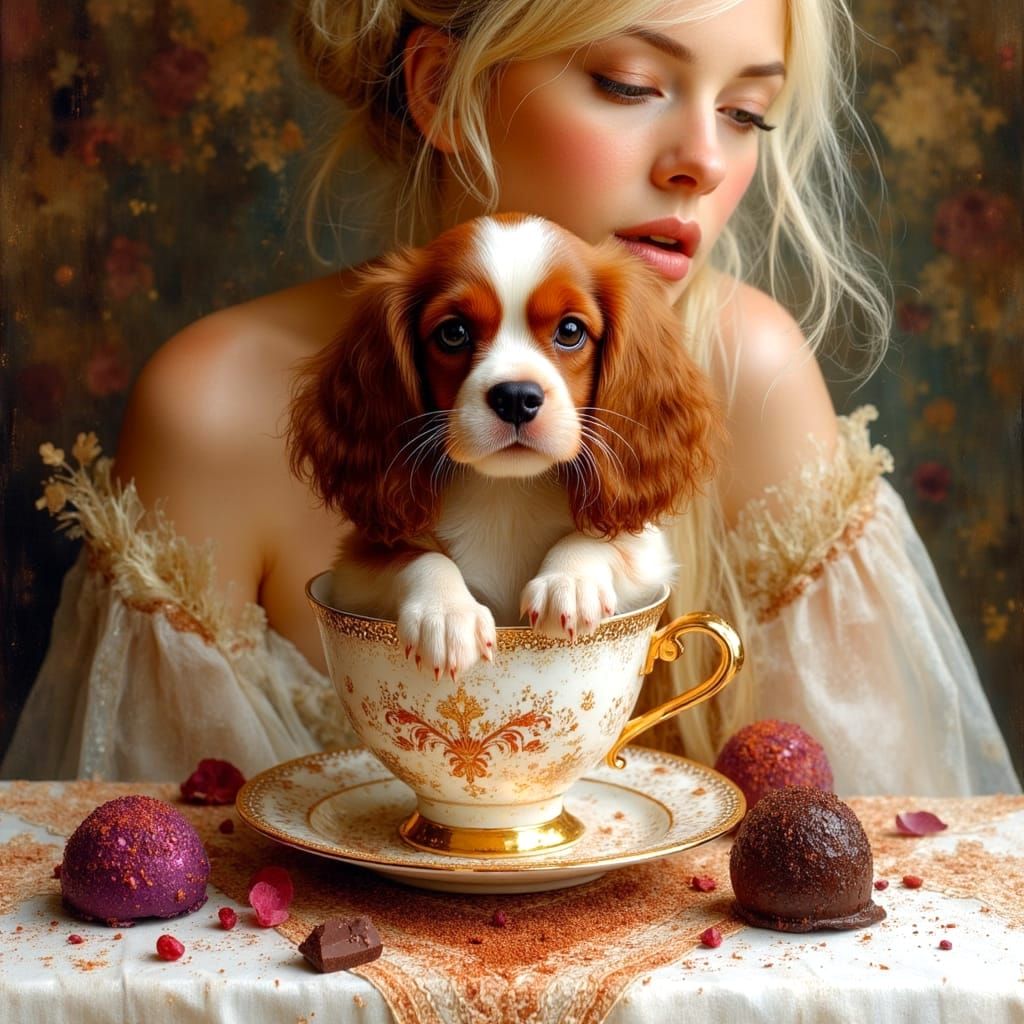 Chocolate Puppy in Cup: Hyperdetailed Cozy Pastel Painting