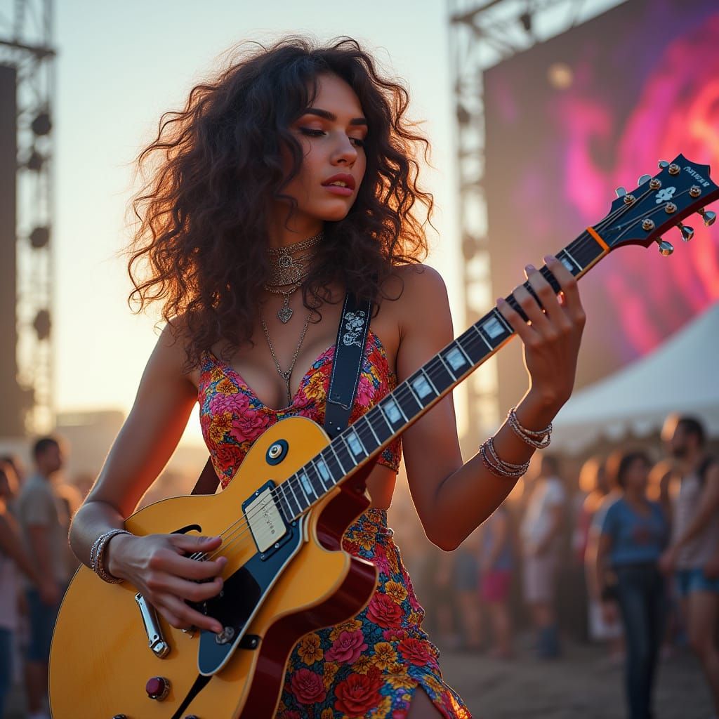 70's Style Woman Playing Guitar: Hyperrealistic Art