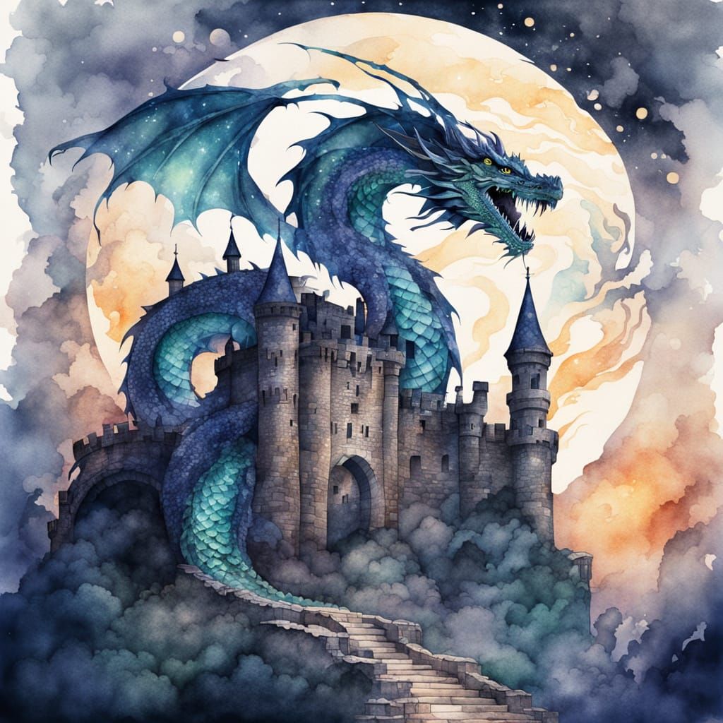 Majestic Dragon Around Castle Tower in Watercolor Style
