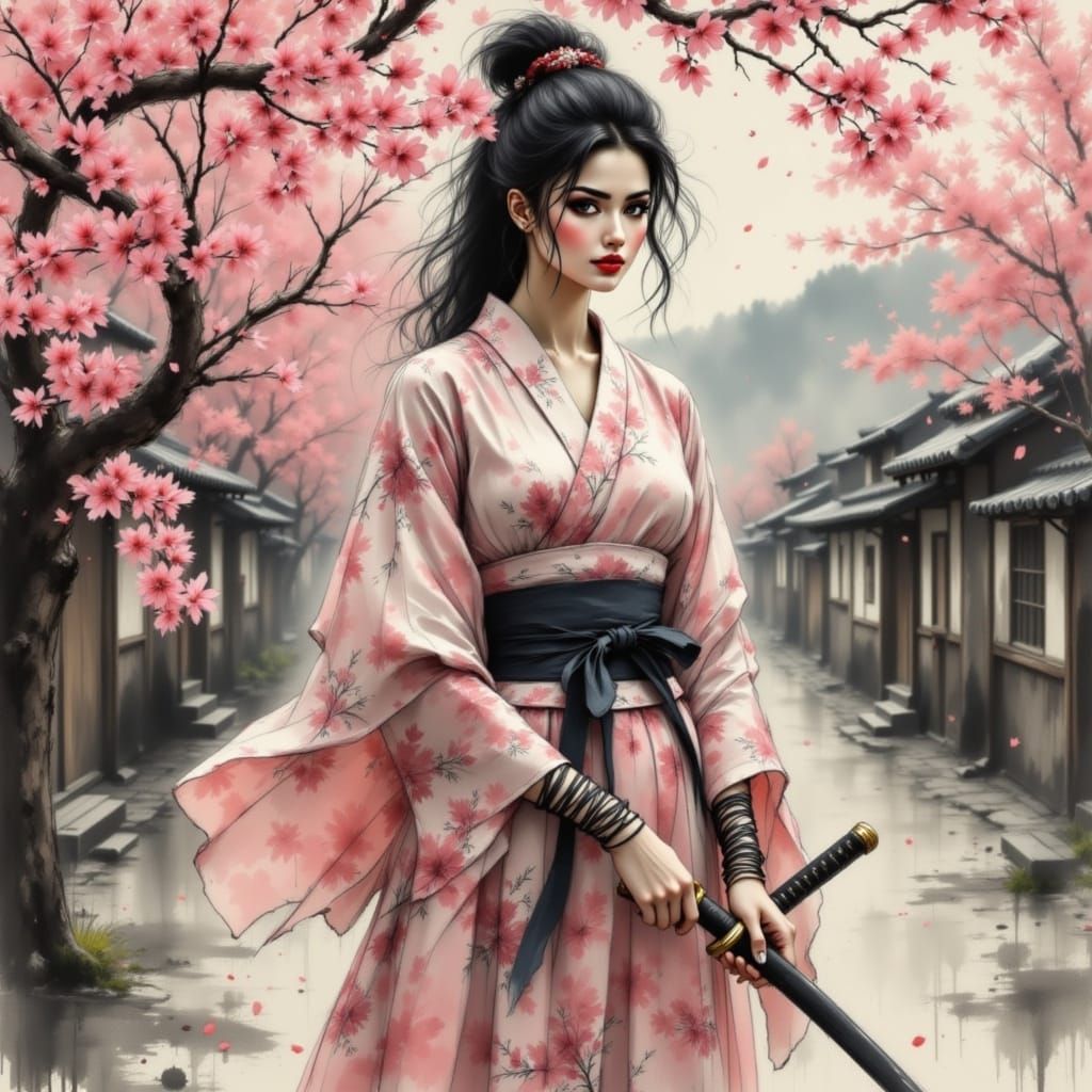 Samurai in Cherry Blossoms: Japanese Ink Brush Art
