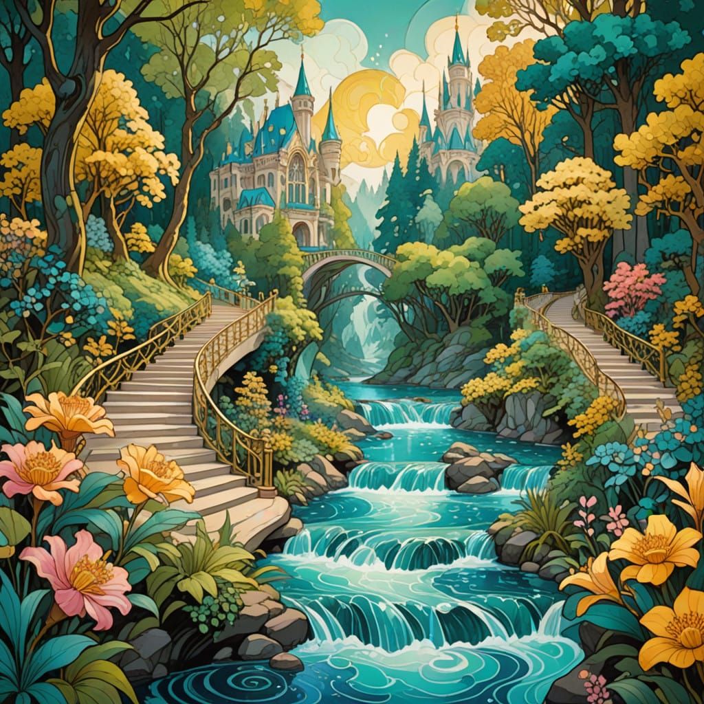 Art Nouveau Forest Dreamscape with Crystal River