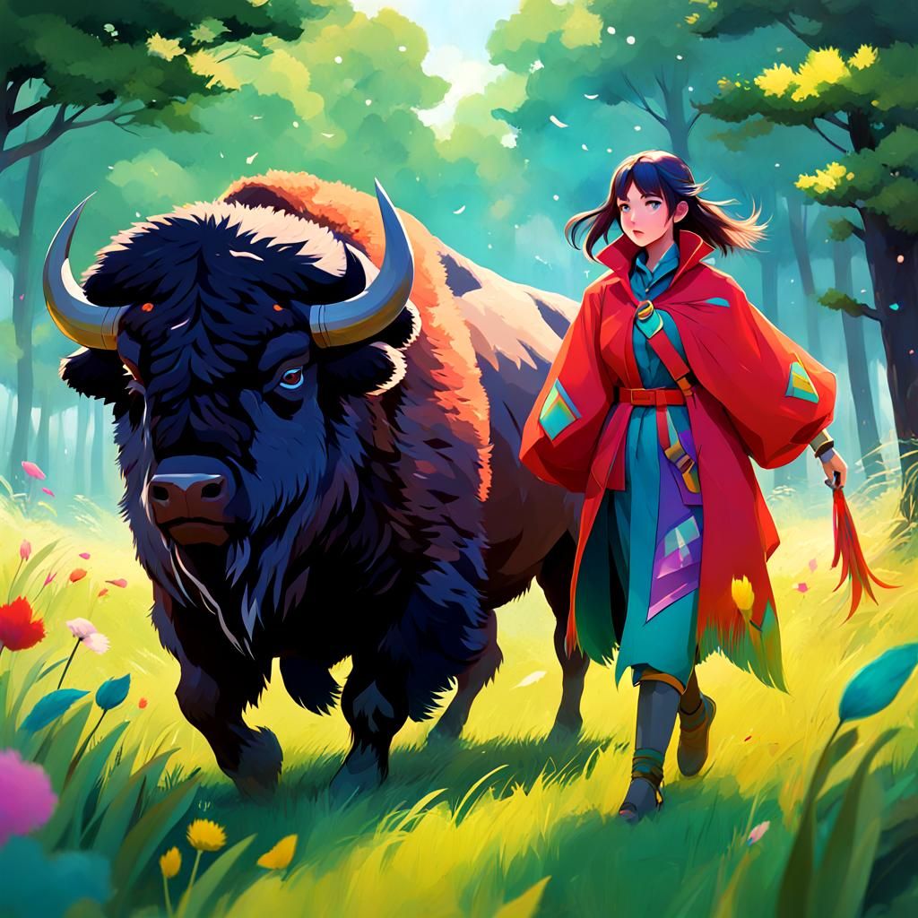 Whimsical Bison and Bird Person in Anime Style