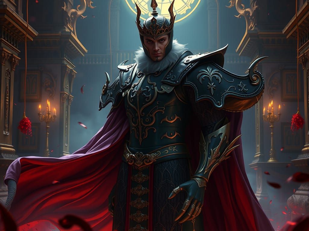 Regal Dark Fantasy Warrior in Mysterious Landscape