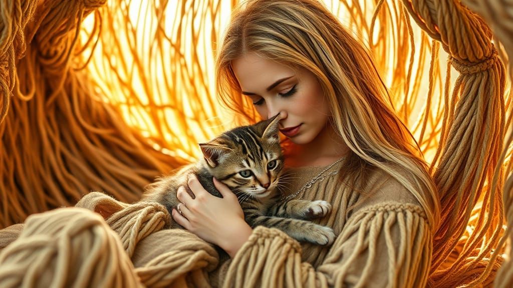 Whimsical Hemp Rope Fabric Art of Intimate Woman and Kitty