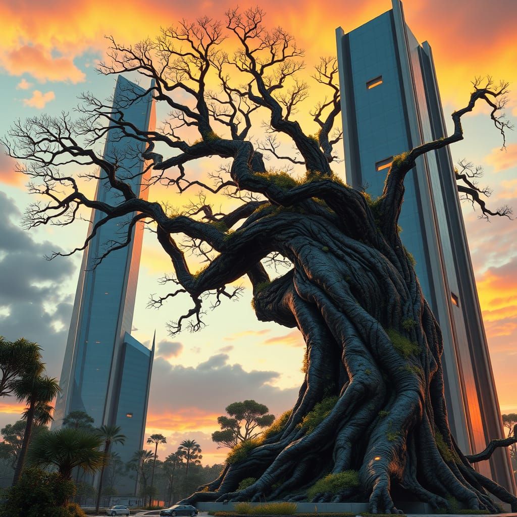 Ancient Tree Meets Futuristic Skyscraper in Hyperrealism