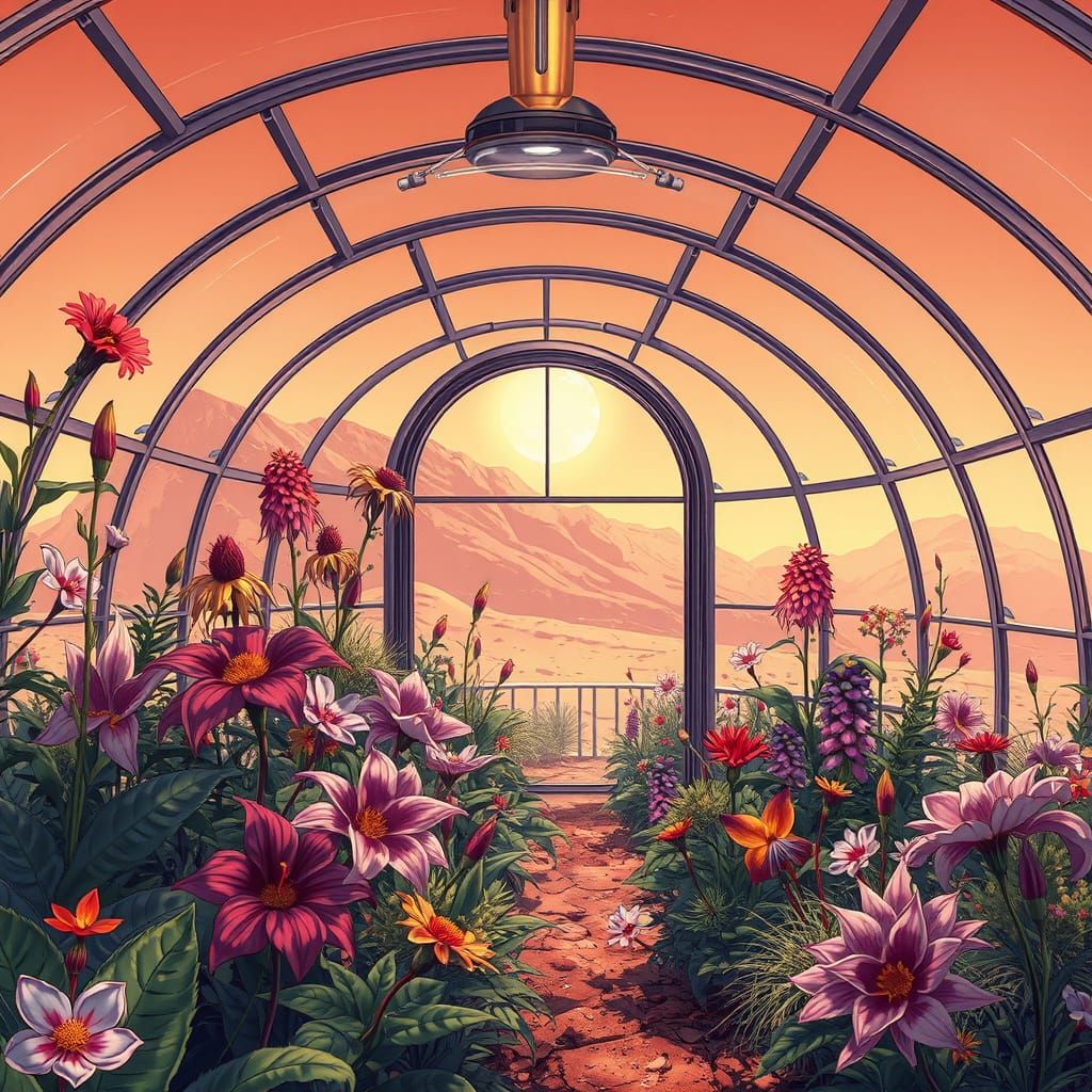 Futuristic Greenhouse on Mars in Manga Style