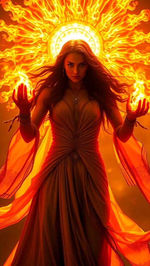Hyperrealistic Sun Goddess Wielding Fire Powers