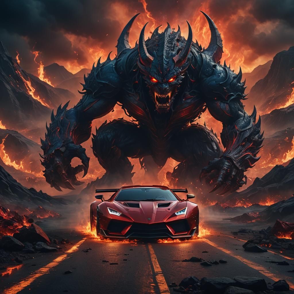 Fiery Red Demon Supercar in Dark Fantasy Art
