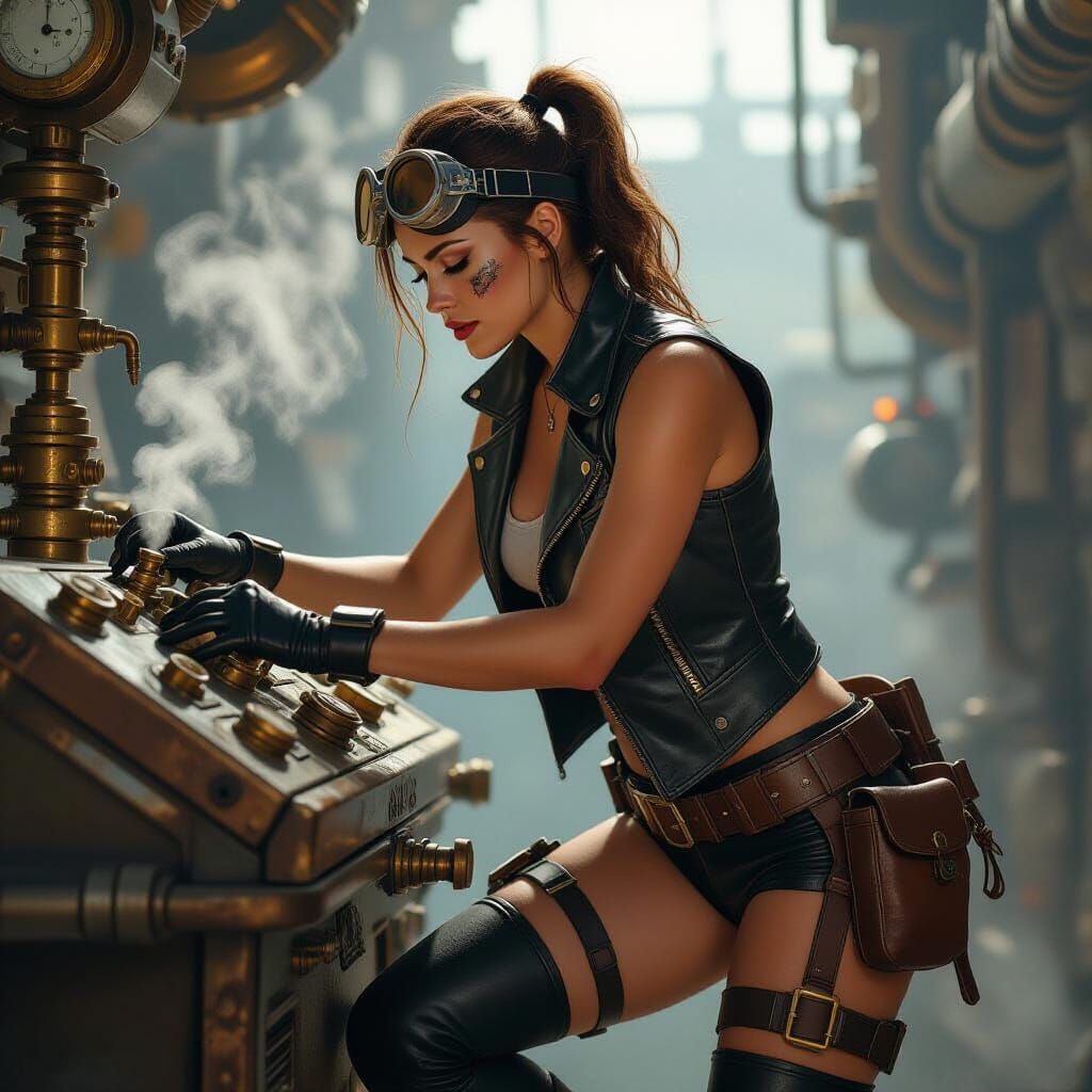 Steampunk Engineer Leaning Over Brass Control Panel