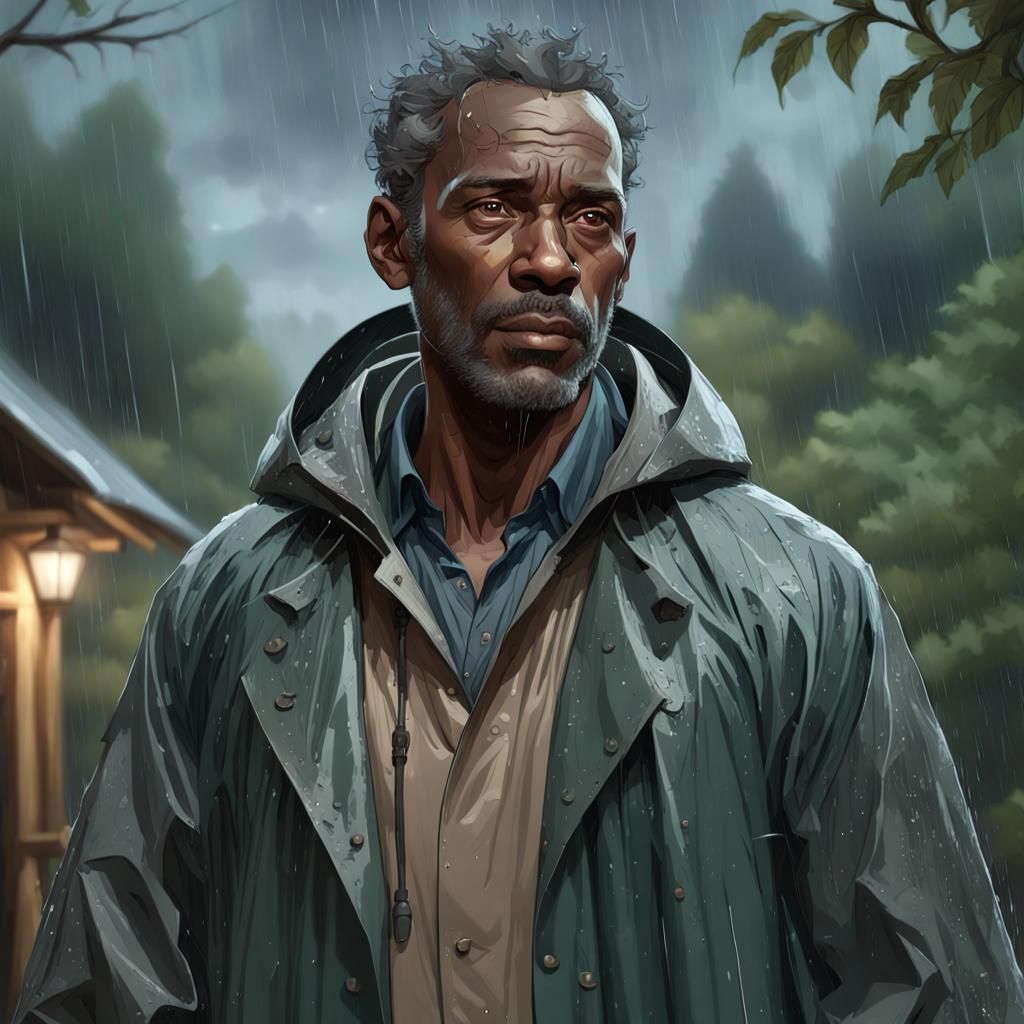 Hopeful Man in Raincoat: Forest Village Portrait