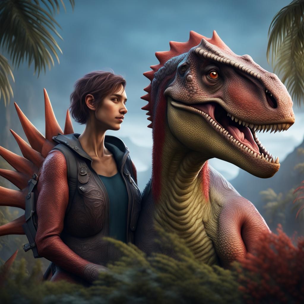 Dinosaur Couple Embracing in Detailed Digital Painting