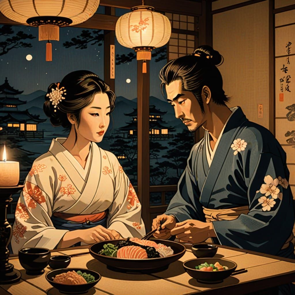 Intimate Couple Dinner in Ukiyo-e Style