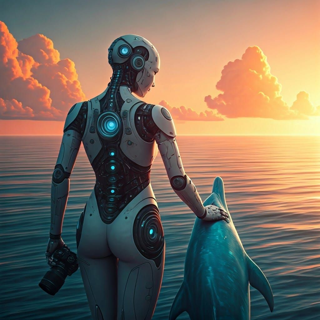 Humanoid Robot Woman and Dolphin Pose Amidst Rising Sun
