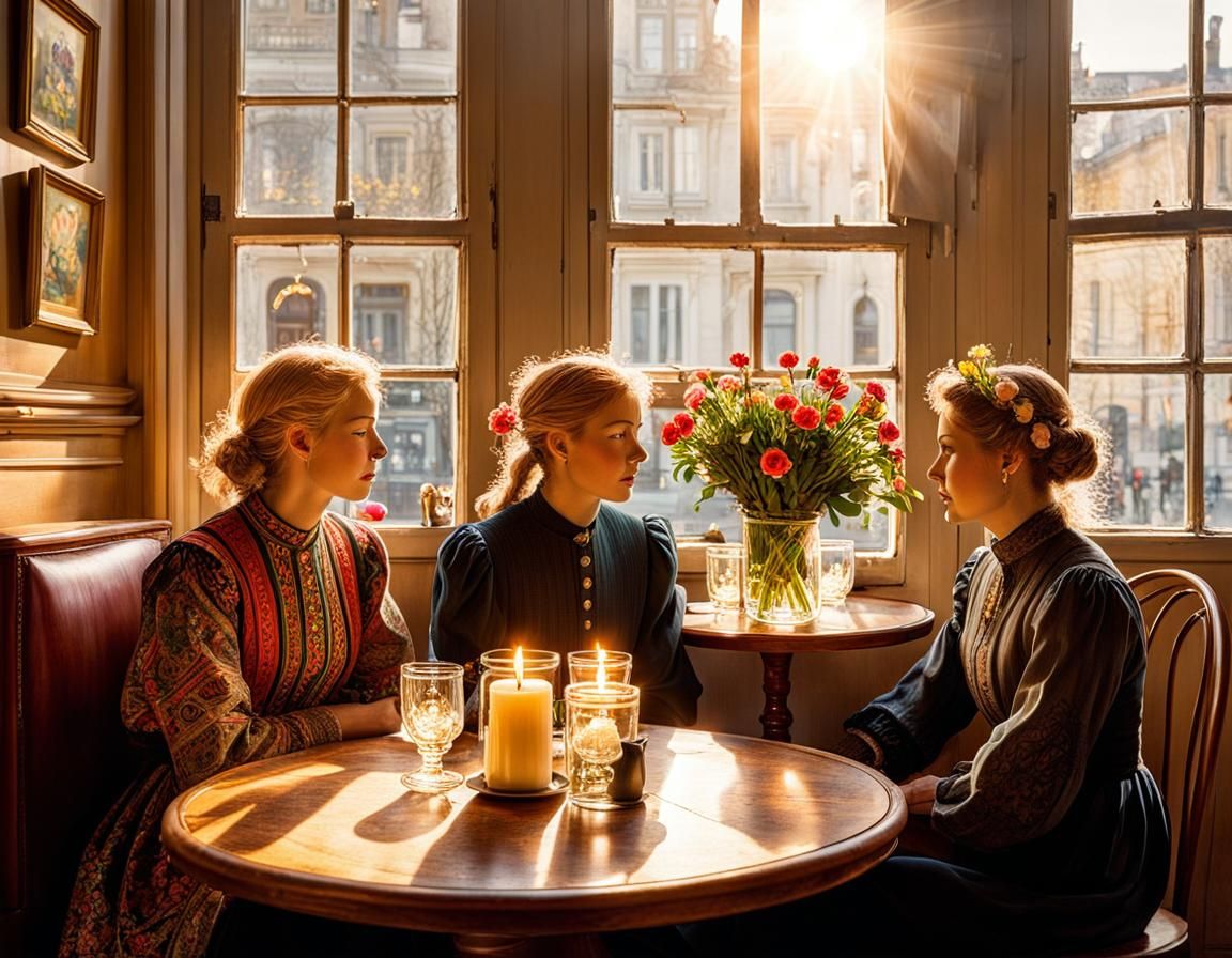 Cozy Café Scene with Antique Furniture and Candles
