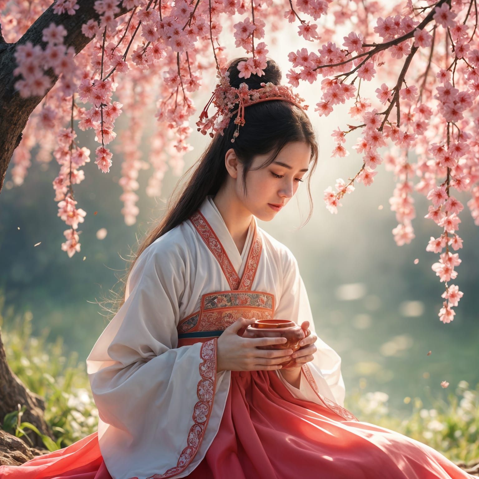 Joseon Dynasty Woman Plays Kayagum Under Cherry Blossom Tree...