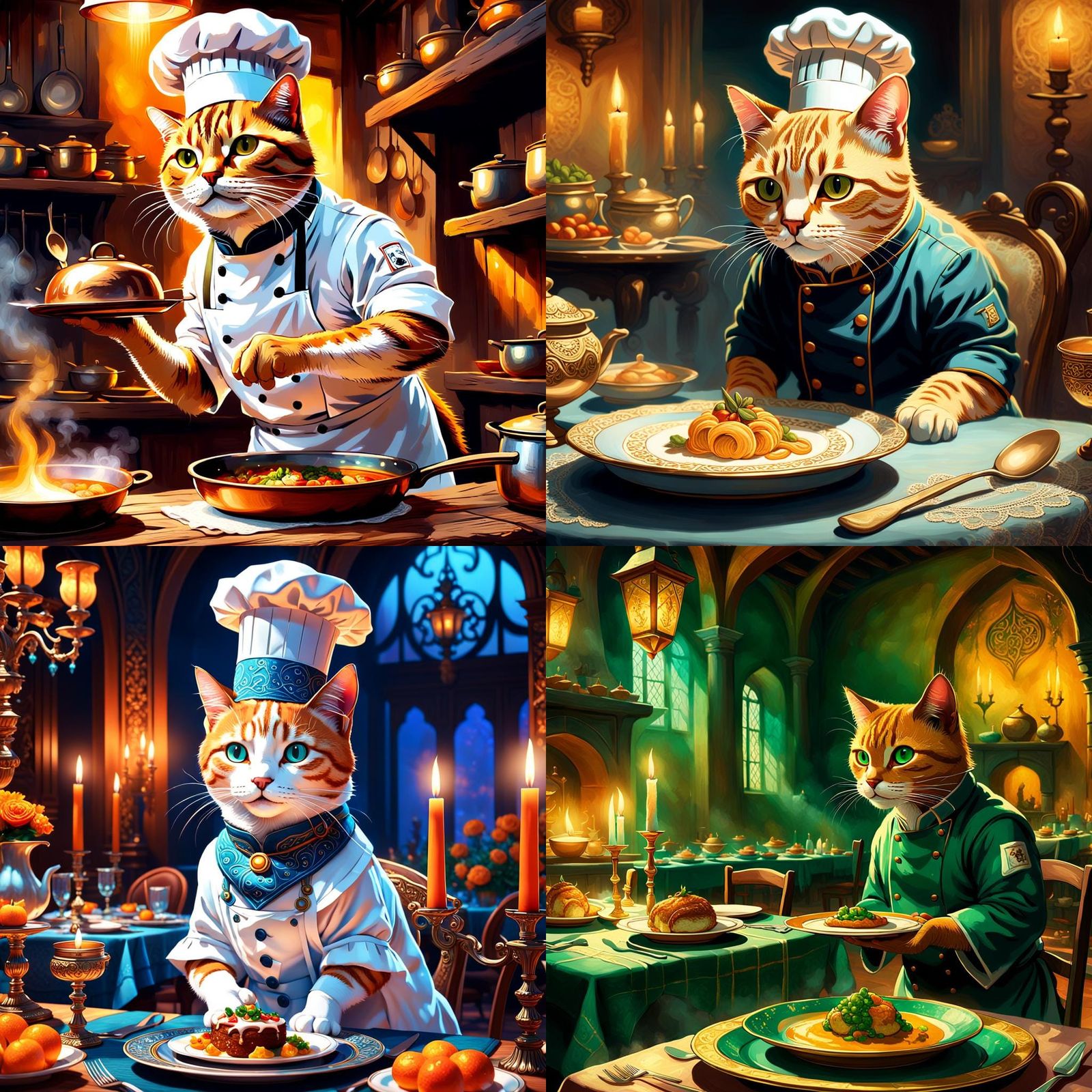 Cat Chef Serving Food, Detailed Digital Painting