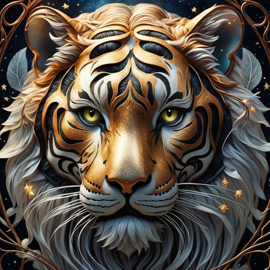 Cosmic Tiger in Moonlit Forest, Art Nouveau Style