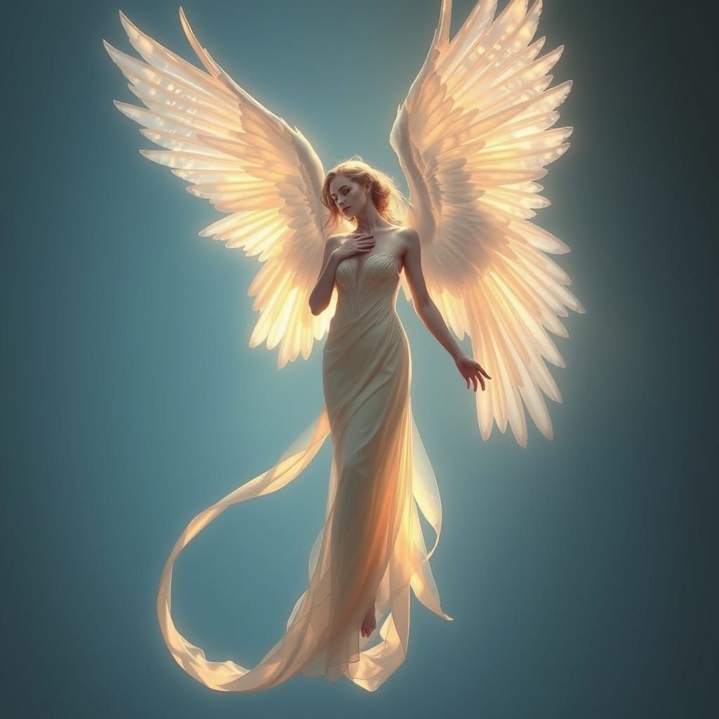 Ethereal Angel in Soft Focus, Iridescent Hues and Weightless...