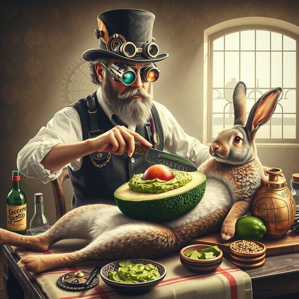 Steampunk Jules Verne Spreads Guacamole on Rabbit