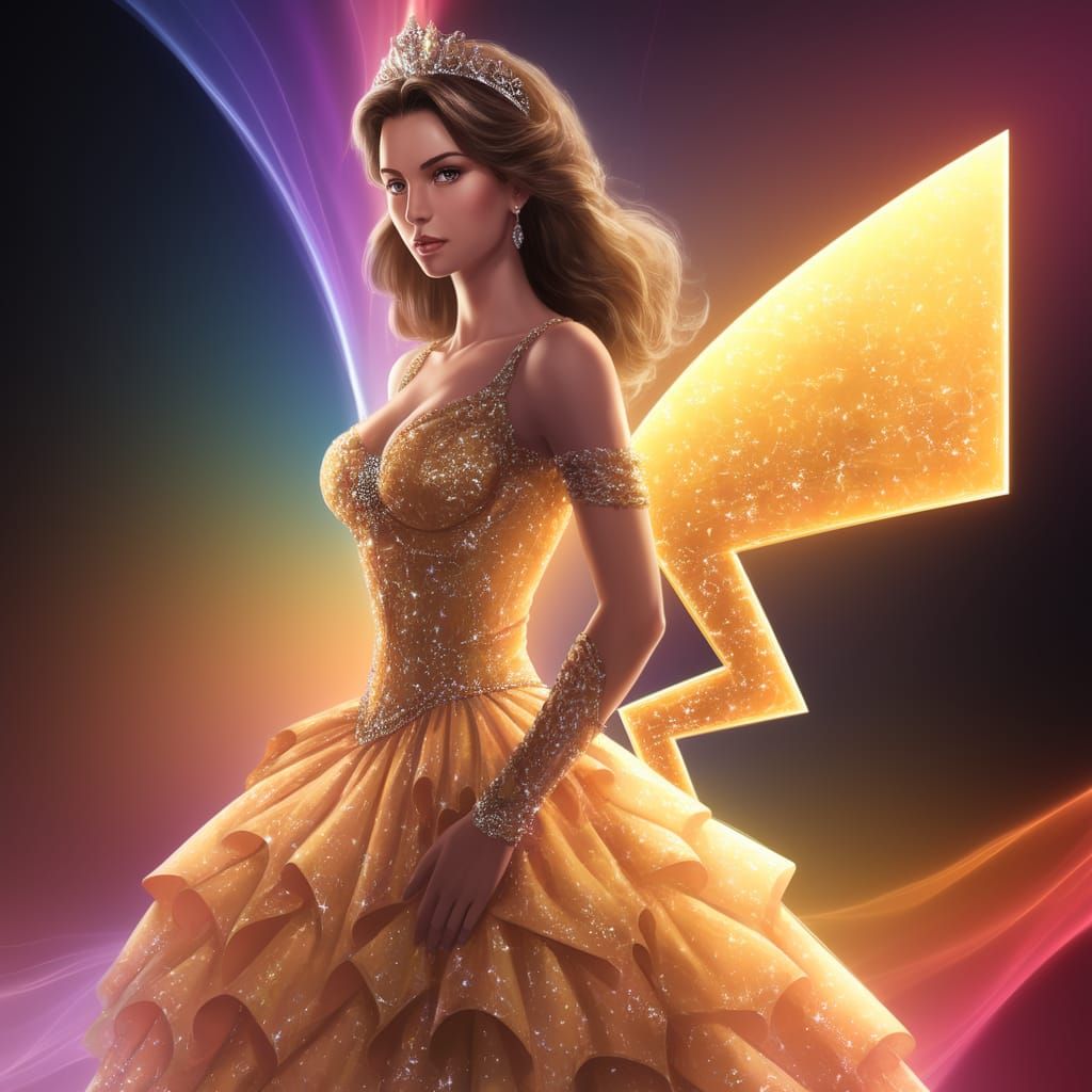 Regal Princess in Glowing Golden Gala Dress with Golden Pika...