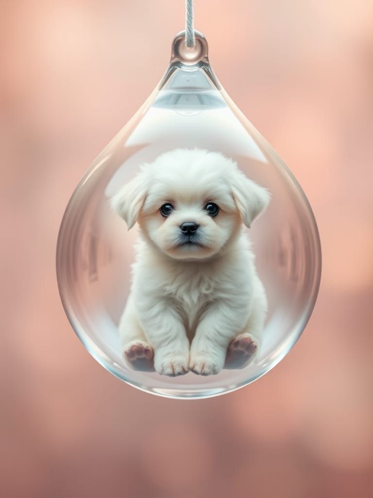 Fluffy Puppy in Glass Drop with Bokeh Effect