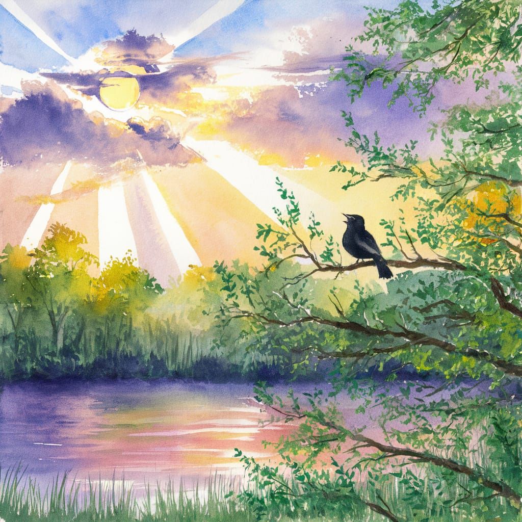 Serene Sunrise Watercolour Painting with Blackbird Song