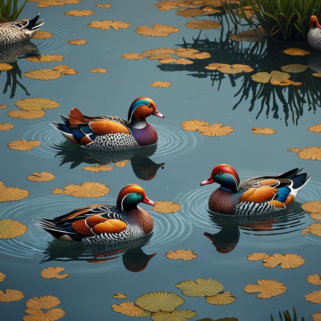 Mandarin Ducks in Kusama-Inspired Fantasy Art