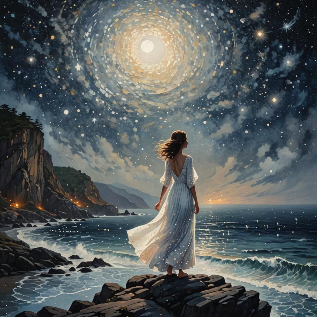 Woman Gazing at Starry Sky in Pointillist Style