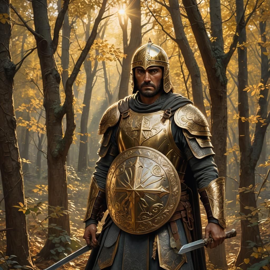 Byzantine Warrior in Forest with Golden Armor