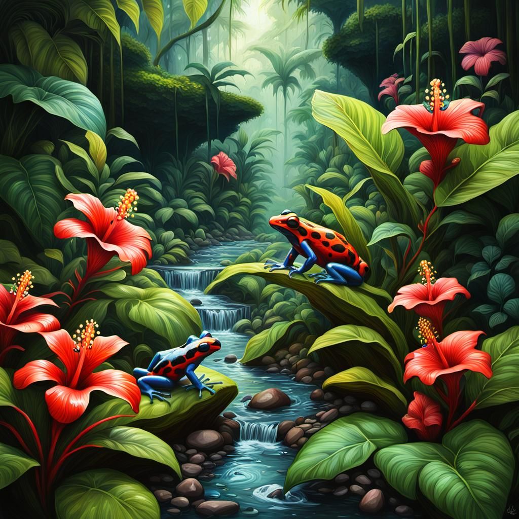 Lush Rainforest Landscape with Poison Dart Frogs