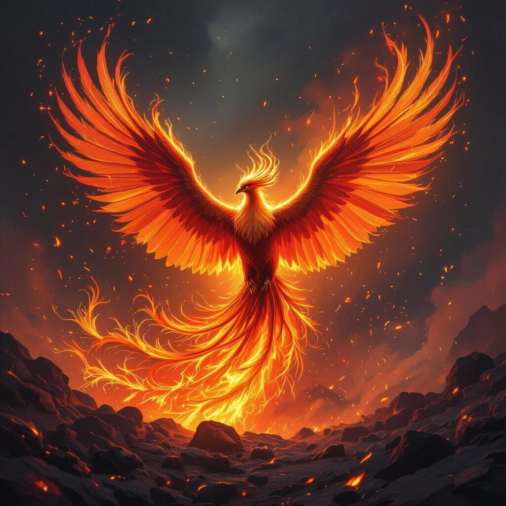 Mythic Phoenix Reborn in Volcanic Eruption Digital Painting