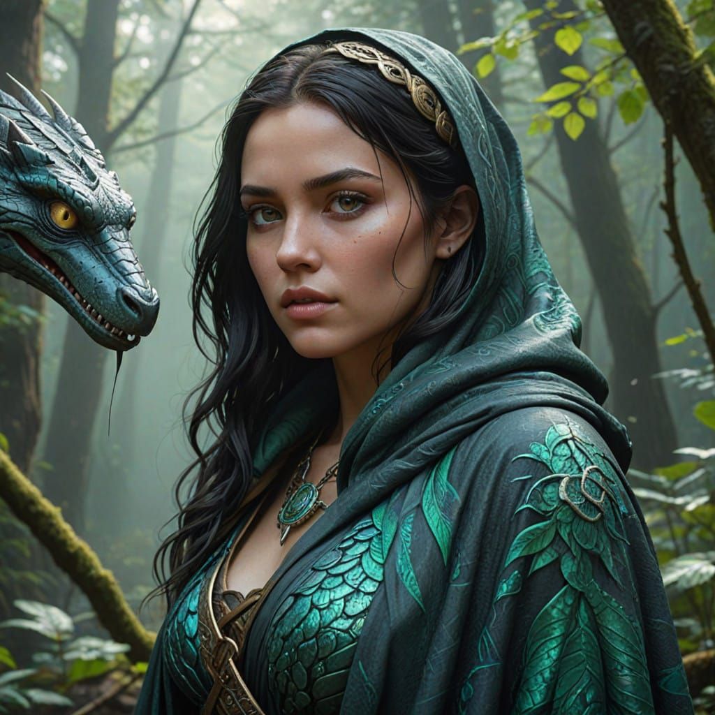 Mystical Green-Scaled Woman Surrounded by Majestic Snake