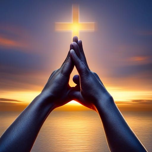 Praying Hands at Sunset with Cross