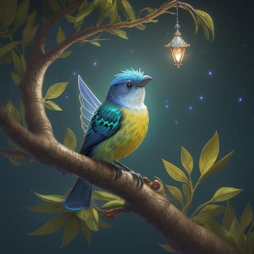 Baby Tanager with Bioluminescent Feathers, Art Nouveau Style