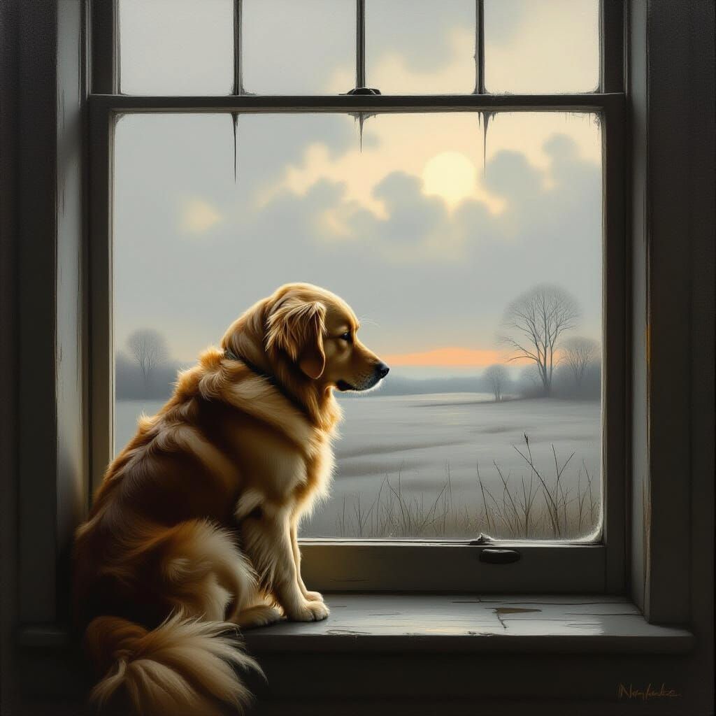 Golden Retriever's Sad Gaze in Melancholic Landscape