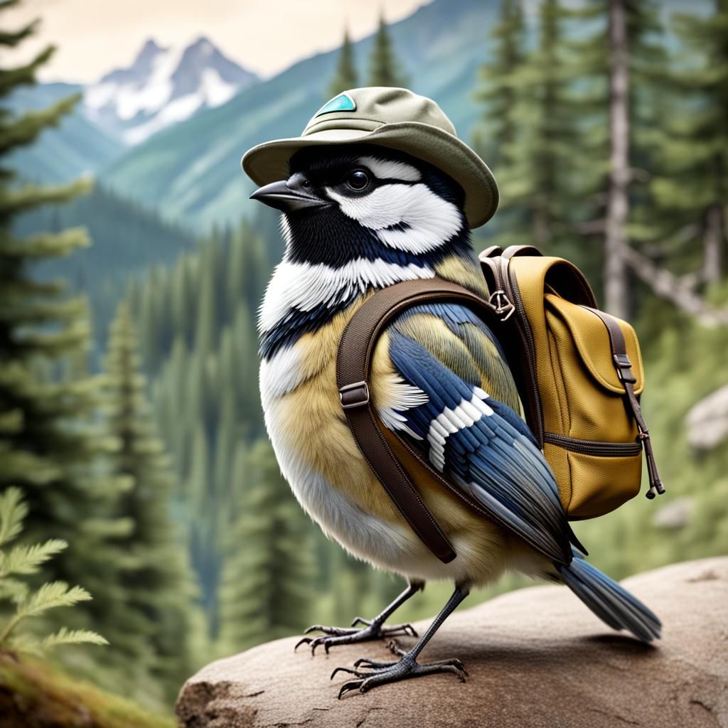Anthropomorphic Chickadee Bird Hiker