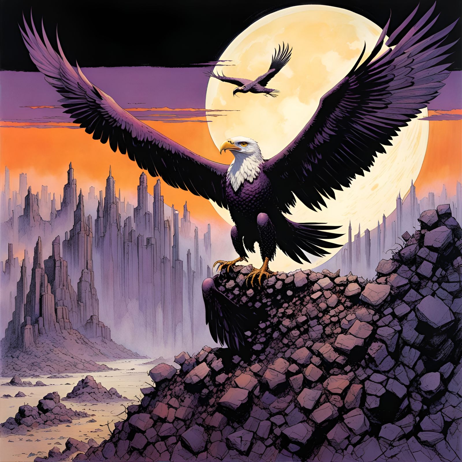 Surreal Figure at Purple Dawn, Graphic Novel Art