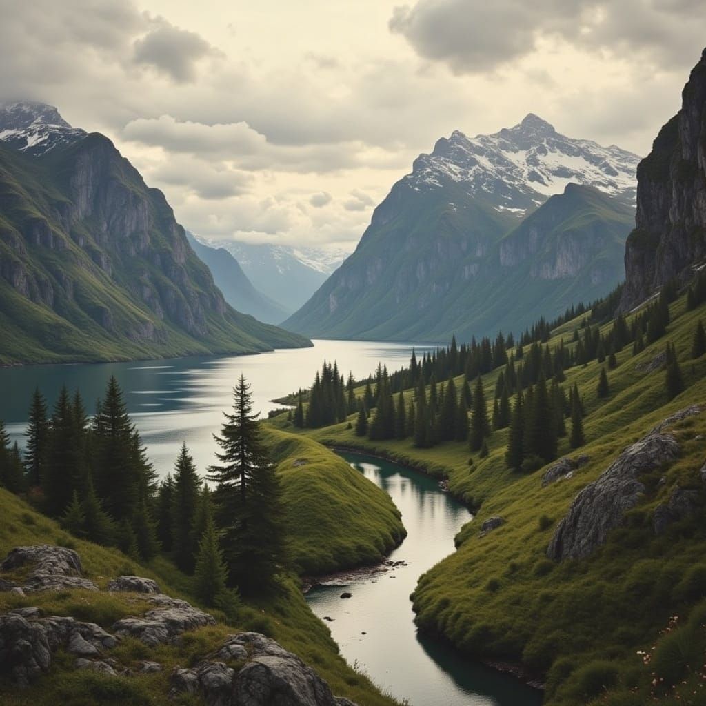 Majestic Norwegian Fjords in Romantic Realism Style