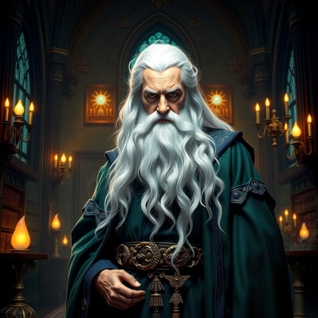 Wise Wizard Headmaster in Gothic Magical Hall